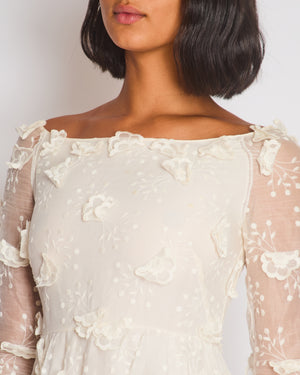 Christian Dior White Long Sleeve Maxi Dress with Floral Appliqué Detail Size FR 36 (UK 8)