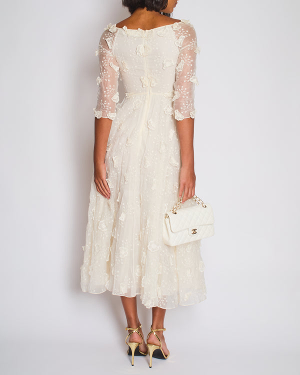 Christian Dior White Long Sleeve Maxi Dress with Floral Appliqué Detail Size FR 36 (UK 8)