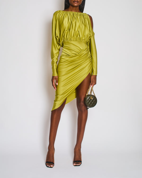 Alexandre Vauthier Green Cold Shoulder Ruched Midi Dress with Embellished Tie Detail Size FR 36 (UK 8)
