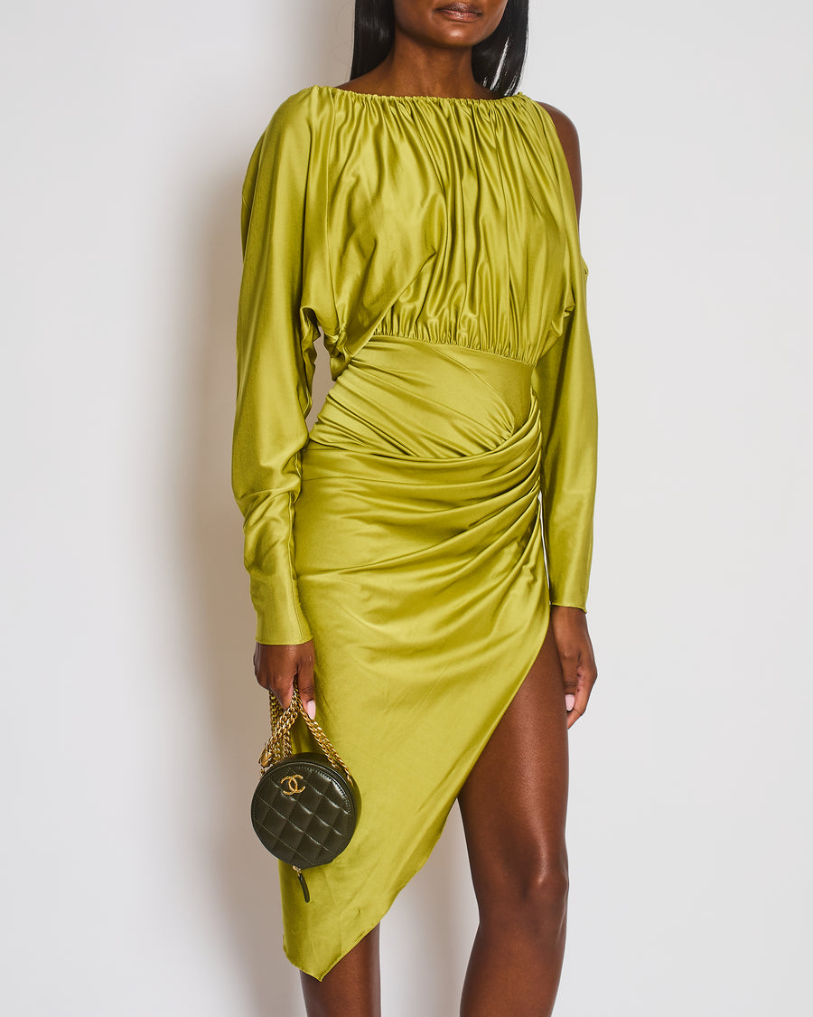 Alexandre Vauthier Green Cold Shoulder Ruched Midi Dress with Embellished Tie Detail Size FR 36 (UK 8)