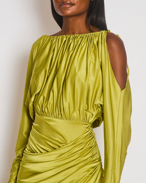 Alexandre Vauthier Green Cold Shoulder Ruched Midi Dress with Embellished Tie Detail Size FR 36 (UK 8)