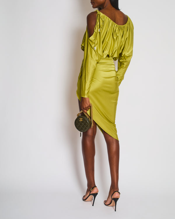 Alexandre Vauthier Green Cold Shoulder Ruched Midi Dress with Embellished Tie Detail Size FR 36 (UK 8)