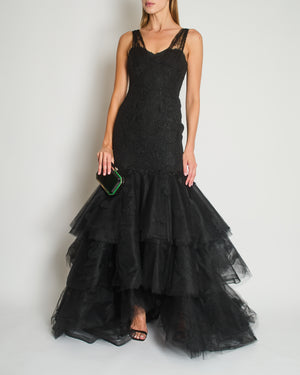 Oscar De La Renta Lace Sleeveless Maxi Gown Dress with Floral Lace Embellishment Details Size US 4 (UK 8)