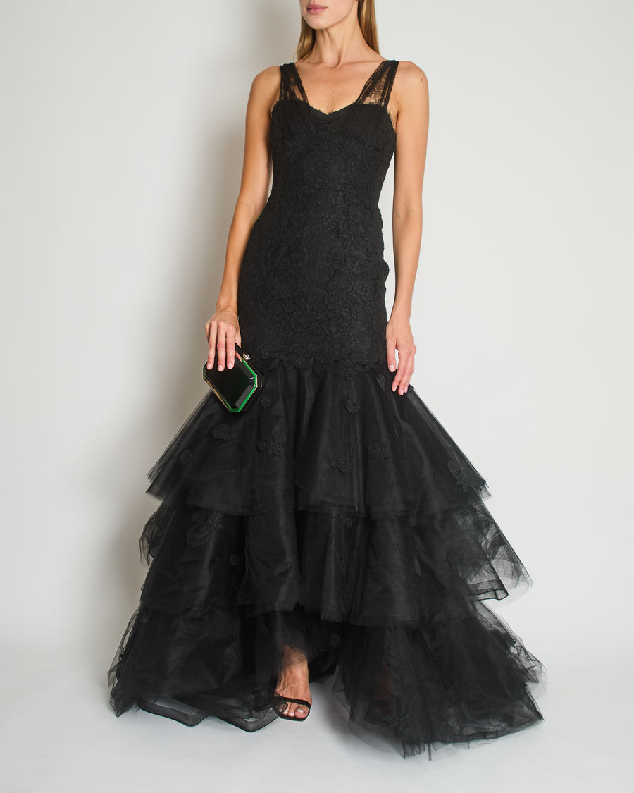 Oscar De La Renta Lace Sleeveless Maxi Gown Dress with Floral Lace Embellishment Details Size US 4 (UK 8)