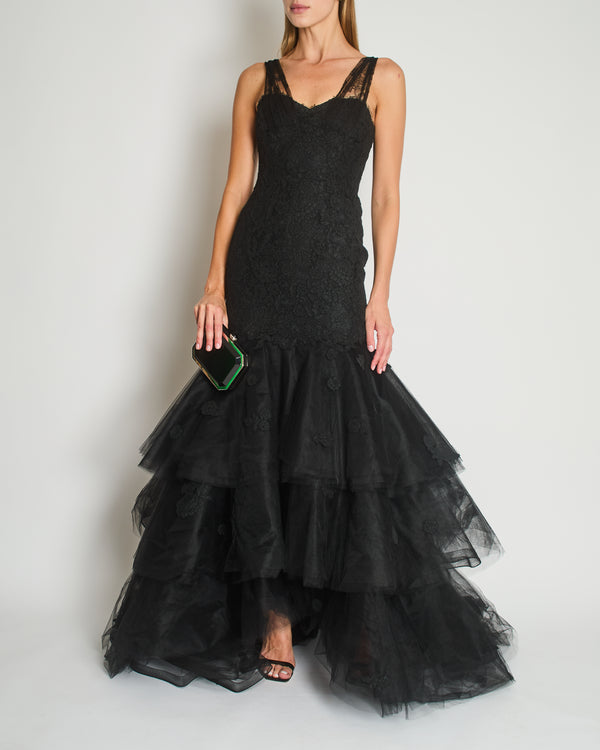 Oscar De La Renta Lace Sleeveless Maxi Gown Dress with Floral Lace Embellishment Details Size US 4 (UK 8)