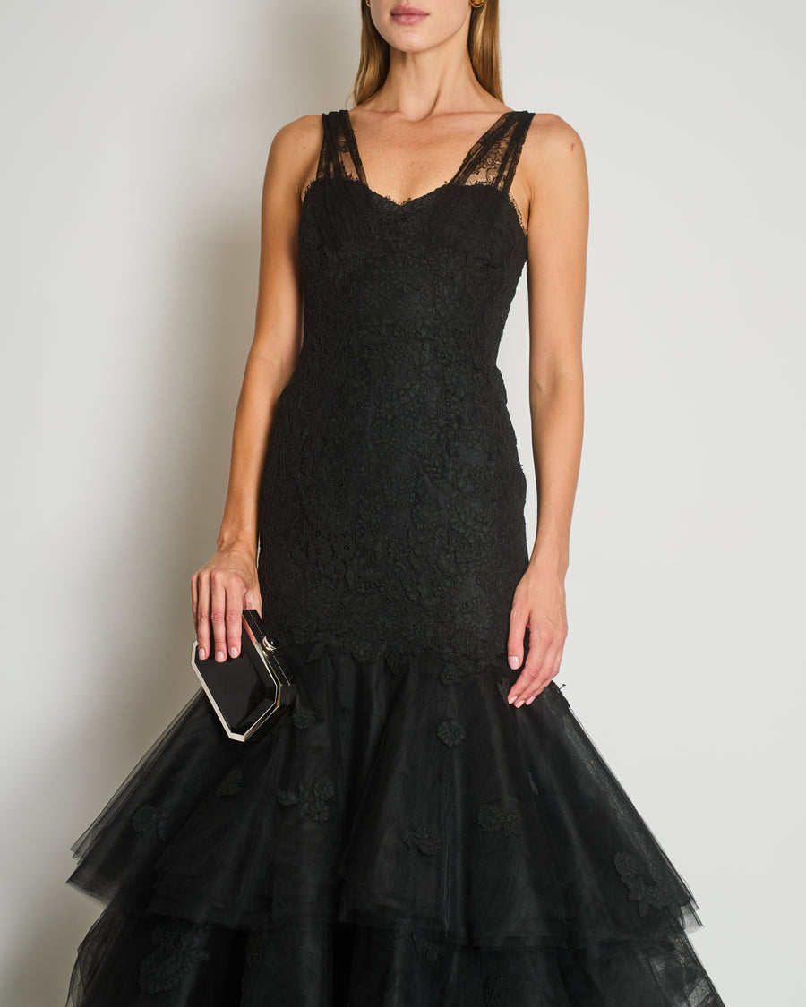 Oscar De La Renta Lace Sleeveless Maxi Gown Dress with Floral Lace Embellishment Details Size US 4 (UK 8)