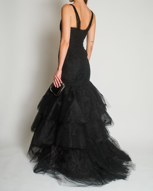 Oscar De La Renta Lace Sleeveless Maxi Gown Dress with Floral Lace Embellishment Details Size US 4 (UK 8)
