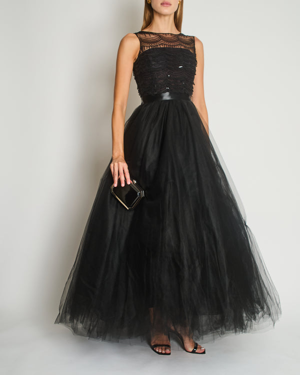 Oscar De La Renta Tulle Sleeveless Maxi Gown Dress with Sequinned Lace Bustier Detail Size US 4 (UK 8)