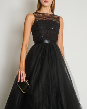 Oscar De La Renta Tulle Sleeveless Maxi Gown Dress with Sequinned Lace Bustier Detail Size US 4 (UK 8)