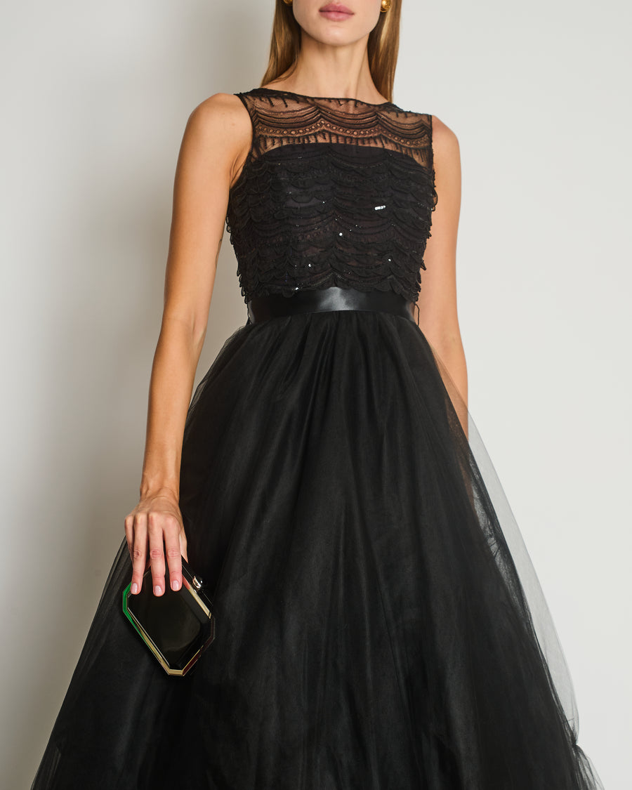 Oscar De La Renta Tulle Sleeveless Maxi Gown Dress with Sequinned Lace Bustier Detail Size US 4 (UK 8)