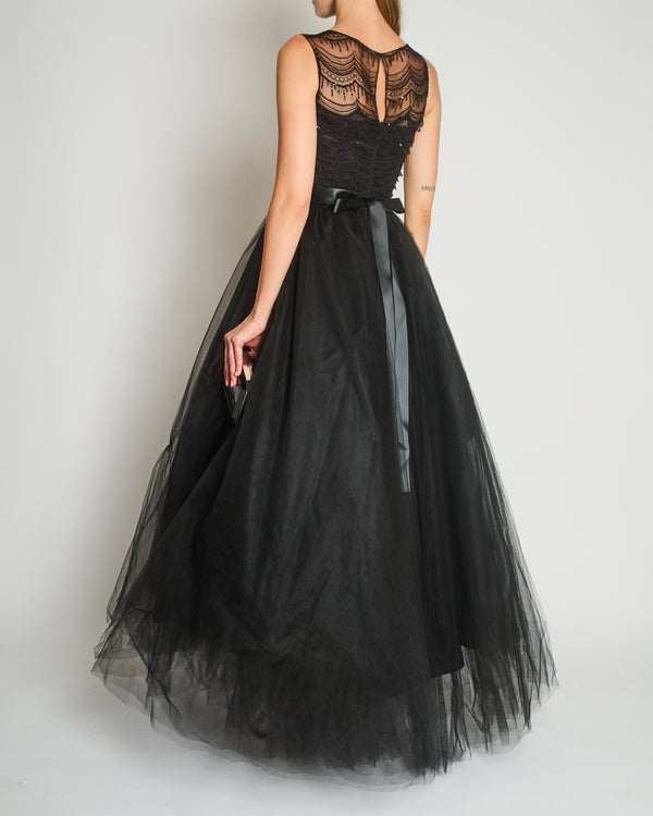 Oscar De La Renta Tulle Sleeveless Maxi Gown Dress with Sequinned Lace Bustier Detail Size US 4 (UK 8)