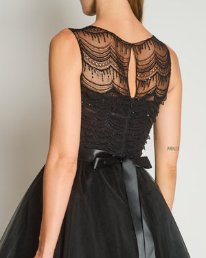 Oscar De La Renta Tulle Sleeveless Maxi Gown Dress with Sequinned Lace Bustier Detail Size US 4 (UK 8)