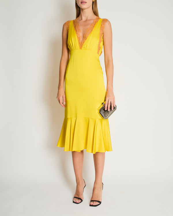 Giambattista Valli Yellow Midi Dress with Ruffle Hem and Lace Details Size IT 38 (UK 4)