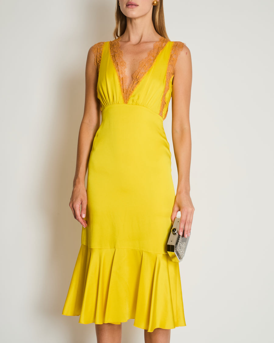 Giambattista Valli Yellow Midi Dress with Ruffle Hem and Lace Details Size IT 38 (UK 4)