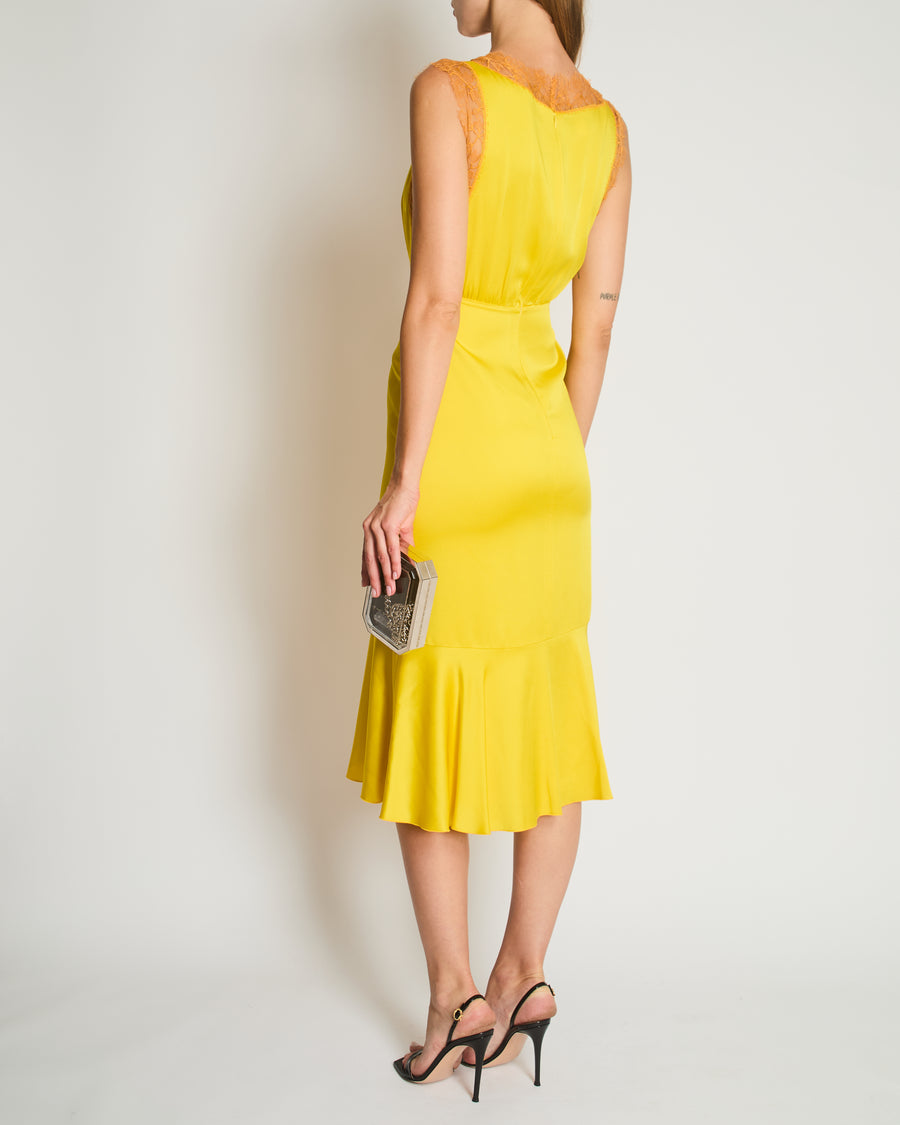 Giambattista Valli Yellow Midi Dress with Ruffle Hem and Lace Details Size IT 38 (UK 4)