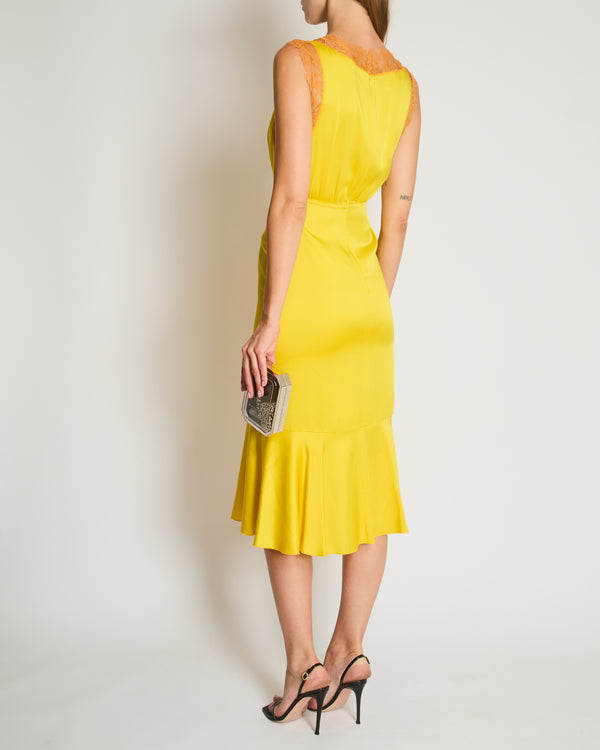 Giambattista Valli Yellow Midi Dress with Ruffle Hem and Lace Details Size IT 38 (UK 4)