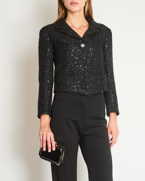 Chanel Black Cropped Sequined Tweed Jacket with Embellished Buttons Detail Size FR 34 (UK 6)