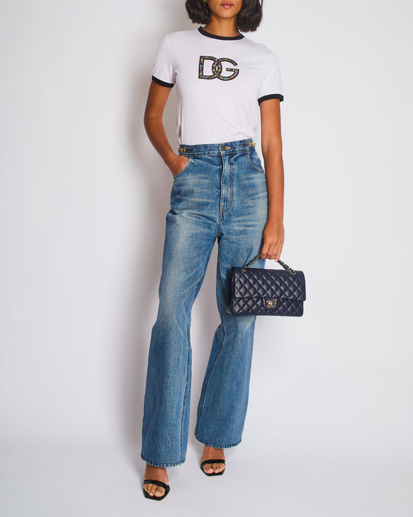Celine Blue Washed Straight Leg Jeans with Triomphe Chain Waist Detail Size 31