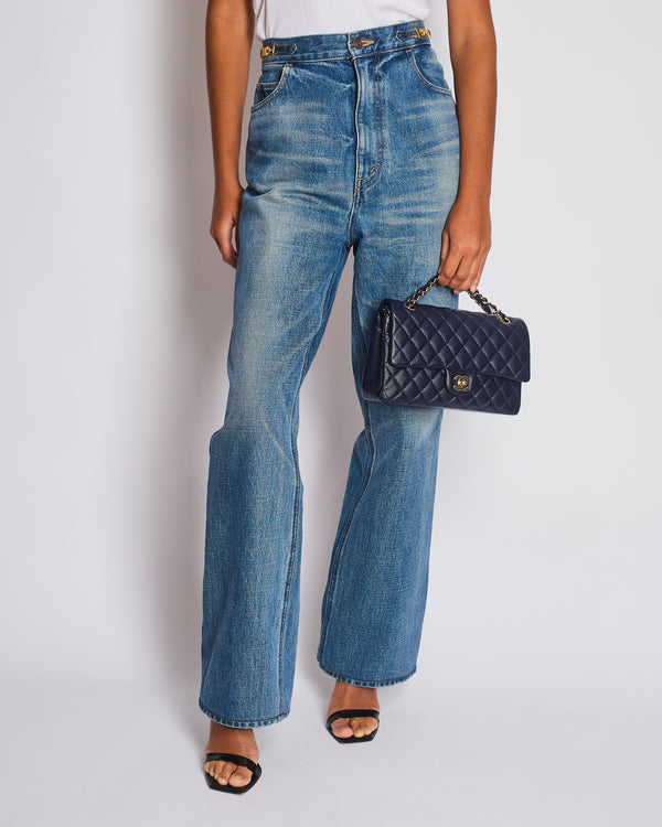 Celine Blue Washed Straight Leg Jeans with Triomphe Chain Waist Detail Size 31