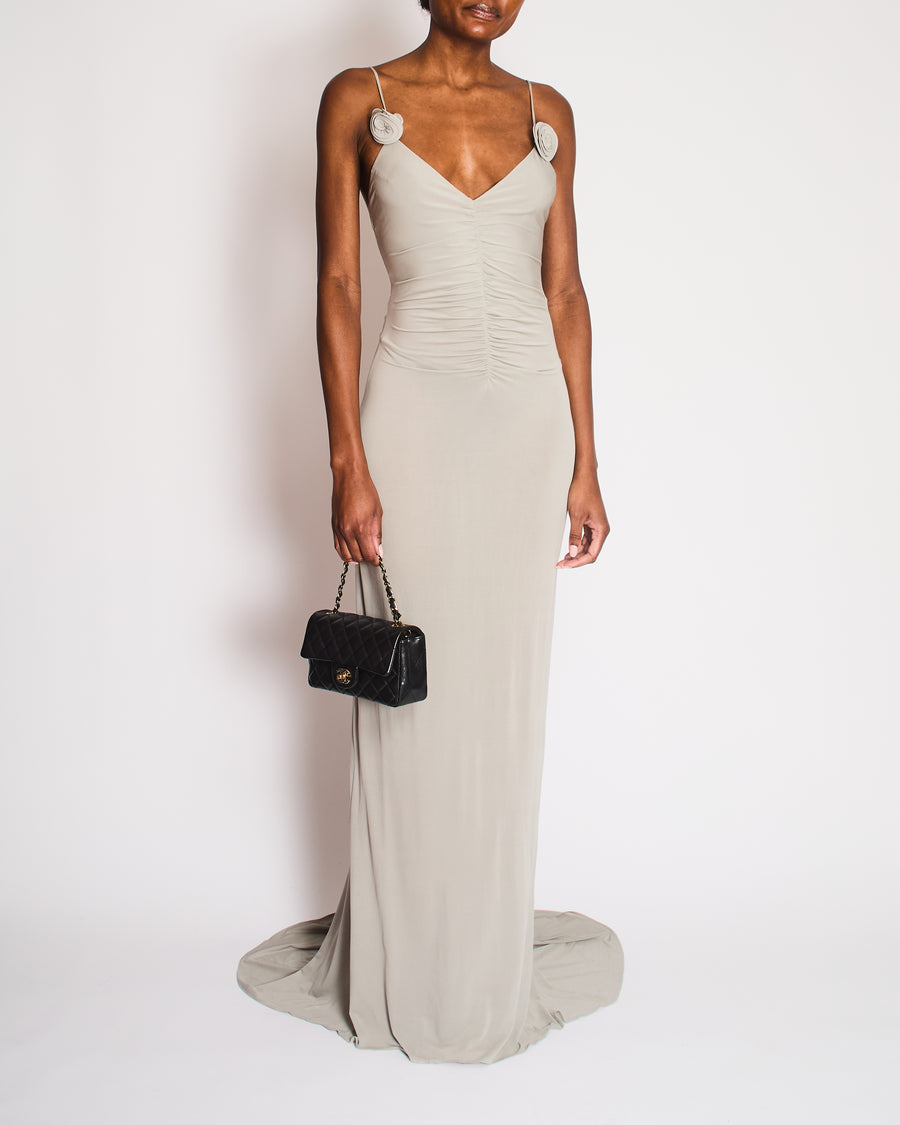 Magda Butrym Grey Maxi Dress with Ruch Detail and Rose Apliquee Size FR 34 (UK 6) RRP £1,450