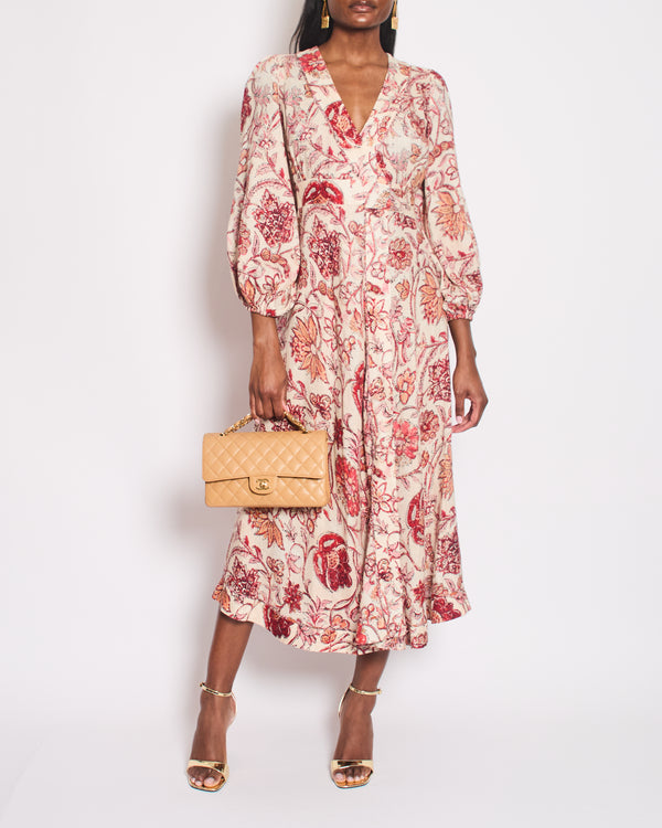 Zimmermann Red, Cream Floral Long Sleeve Linen Wrap Dress Size 0 (UK 8)