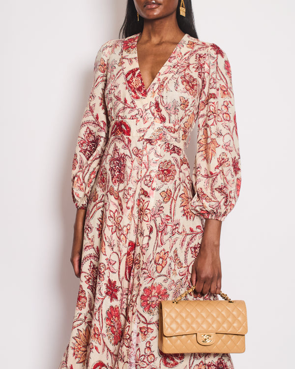 Zimmermann Red, Cream Floral Long Sleeve Linen Wrap Dress Size 0 (UK 8)