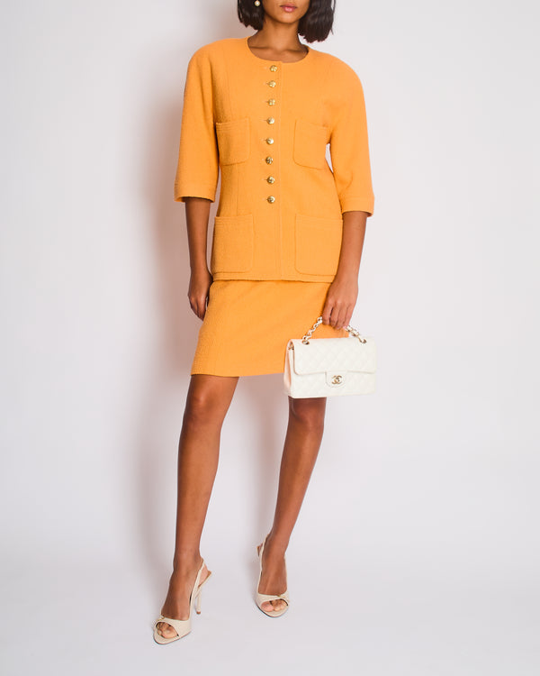 Chanel Orange Vintage Jacket and Skirt Set with Gold CC Buttons Size FR 42 (UK 14)