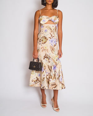Zimmermann Beige, Brown and Blue Floral Linen Maxi Dress with Cut Out and Bow Detail Size 0 (UK 8)