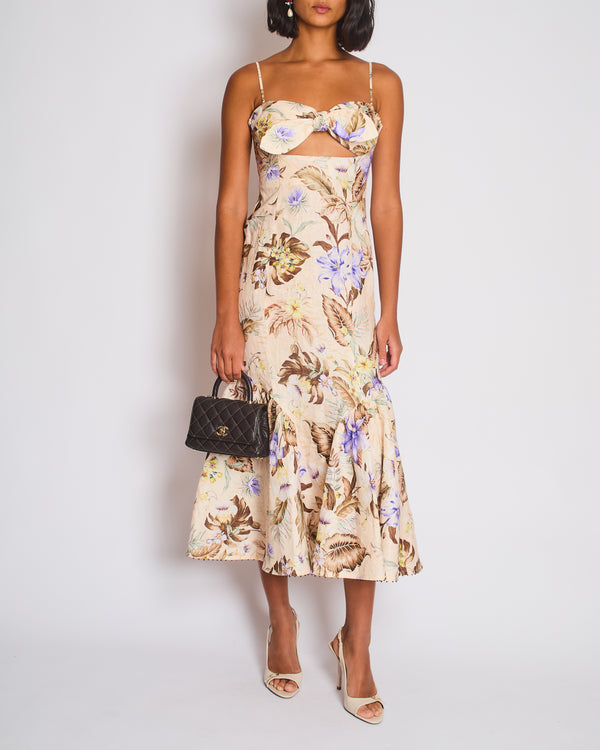 Zimmermann Beige, Brown and Blue Floral Linen Maxi Dress with Cut Out and Bow Detail Size 0 (UK 8)