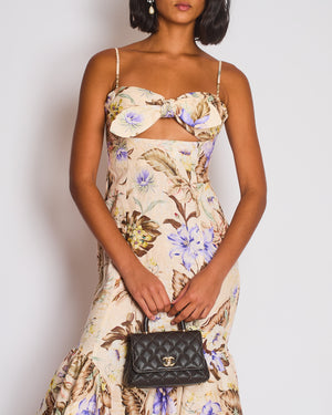Zimmermann Beige, Brown and Blue Floral Linen Maxi Dress with Cut Out and Bow Detail Size 0 (UK 8)