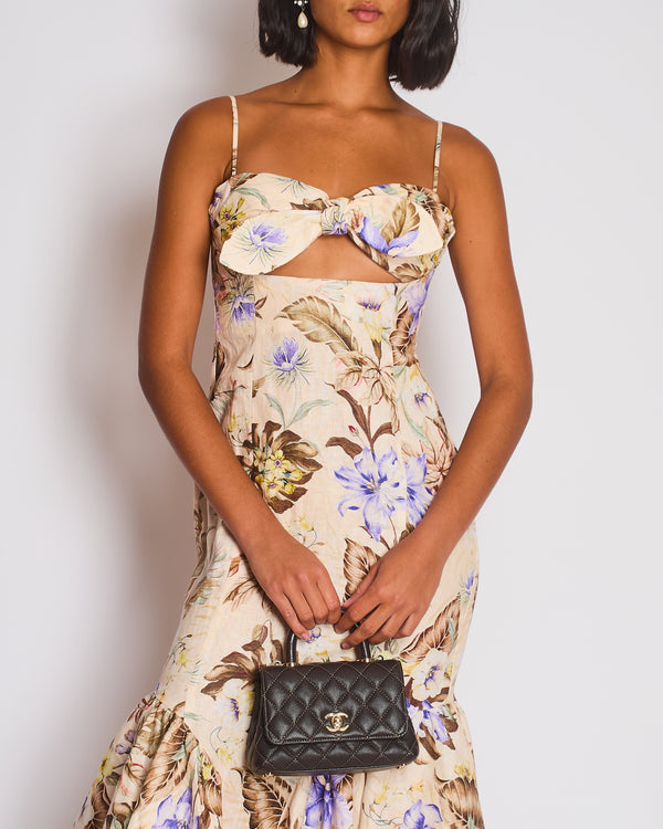 Zimmermann Beige, Brown and Blue Floral Linen Maxi Dress with Cut Out and Bow Detail Size 0 (UK 8)