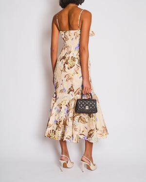 Zimmermann Beige, Brown and Blue Floral Linen Maxi Dress with Cut Out and Bow Detail Size 0 (UK 8)