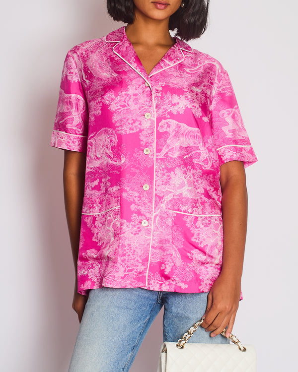 Dior Hot Pink and White Silk Toile De Jouy Printed Short Sleeve Shirt Size FR 36 (UK 8)