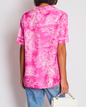Dior Hot Pink and White Silk Toile De Jouy Printed Short Sleeve Shirt Size FR 36 (UK 8)