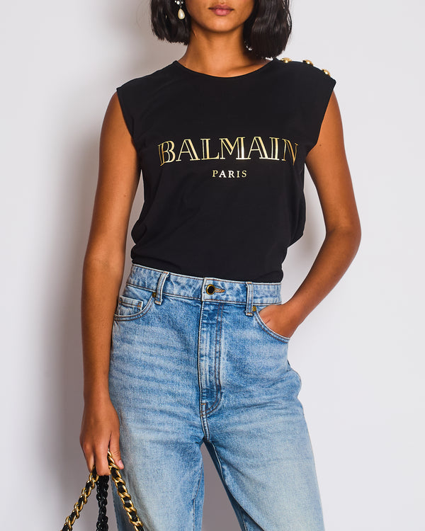 Balmain Black Cotton T-shirt with Gold Logo & Buttons Detail Size FR 38 (UK 10)