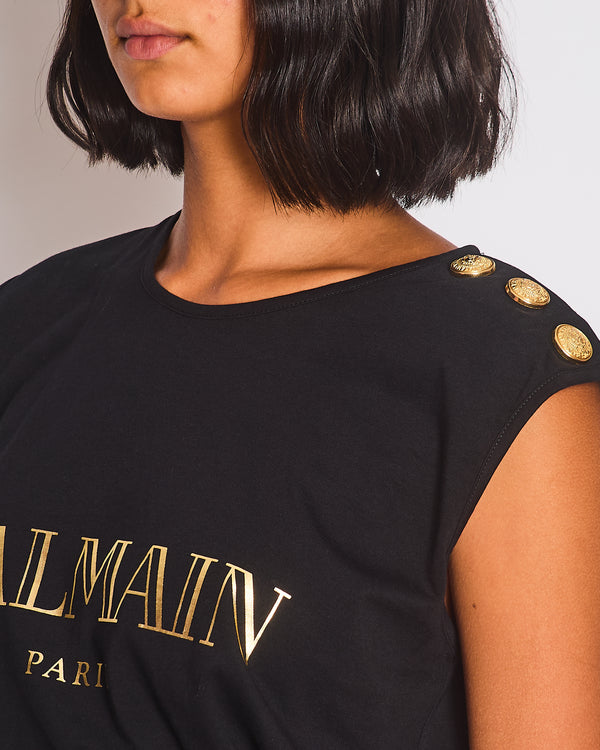 Balmain Black Cotton T-shirt with Gold Logo & Buttons Detail Size FR 38 (UK 10)