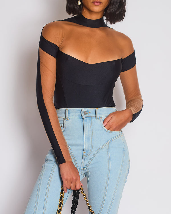 Mugler Black & Nude Mesh Mid-Neck Long Sleeve Bodysuit Size FR 36 (UK 8)