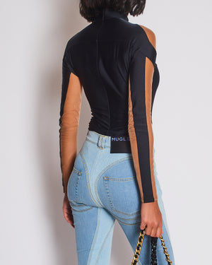 Mugler Black & Nude Mesh Mid-Neck Long Sleeve Bodysuit Size FR 36 (UK 8)