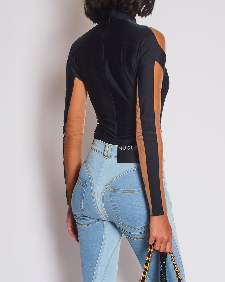 Mugler Black & Nude Mesh Mid-Neck Long Sleeve Bodysuit Size FR 36 (UK 8)