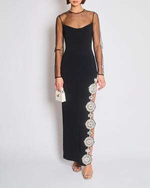 *HOT* David Koma Black Long Dress with Tulle & Multiple Floral Crystal Embellishments Detail Size FR 36 (UK 8)