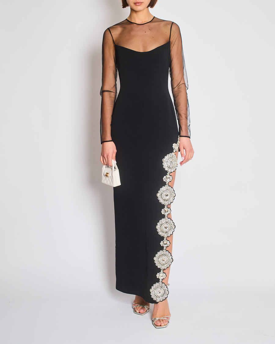 *HOT* David Koma Black Long Dress with Tulle & Multiple Floral Crystal Embellishments Detail Size FR 36 (UK 8)