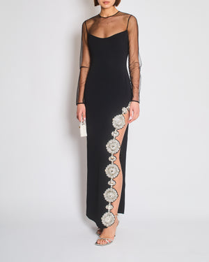 *HOT* David Koma Black Long Dress with Tulle & Multiple Floral Crystal Embellishments Detail Size FR 36 (UK 8)