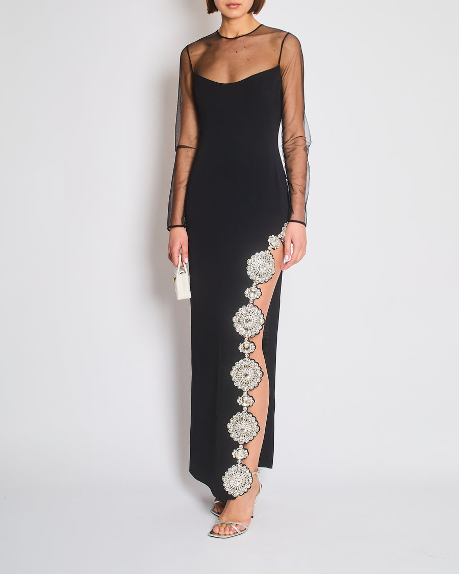*HOT* David Koma Black Long Dress with Tulle & Multiple Floral Crystal Embellishments Detail Size FR 36 (UK 8)