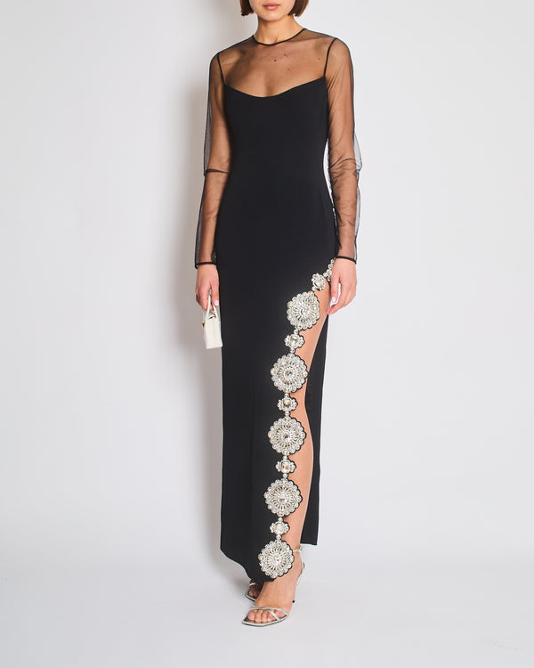*HOT* David Koma Black Long Dress with Tulle & Multiple Floral Crystal Embellishments Detail Size FR 36 (UK 8)