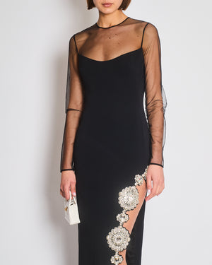 *HOT* David Koma Black Long Dress with Tulle & Multiple Floral Crystal Embellishments Detail Size FR 36 (UK 8)