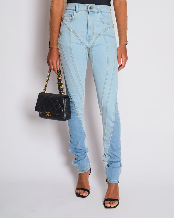 Mugler Light Blue Denim Panelled Skinny Jeans with Back Logo Detail Size FR 36 (UK 8)