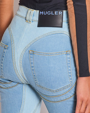 Mugler Light Blue Denim Panelled Skinny Jeans with Back Logo Detail Size FR 36 (UK 8)