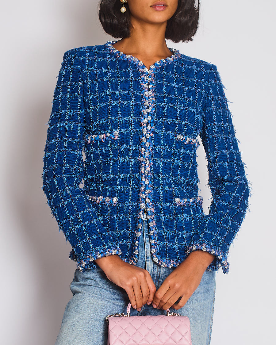 Chanel Blue Tweed Jacket with Silver Button Details Size FR 36 (UK 8)
