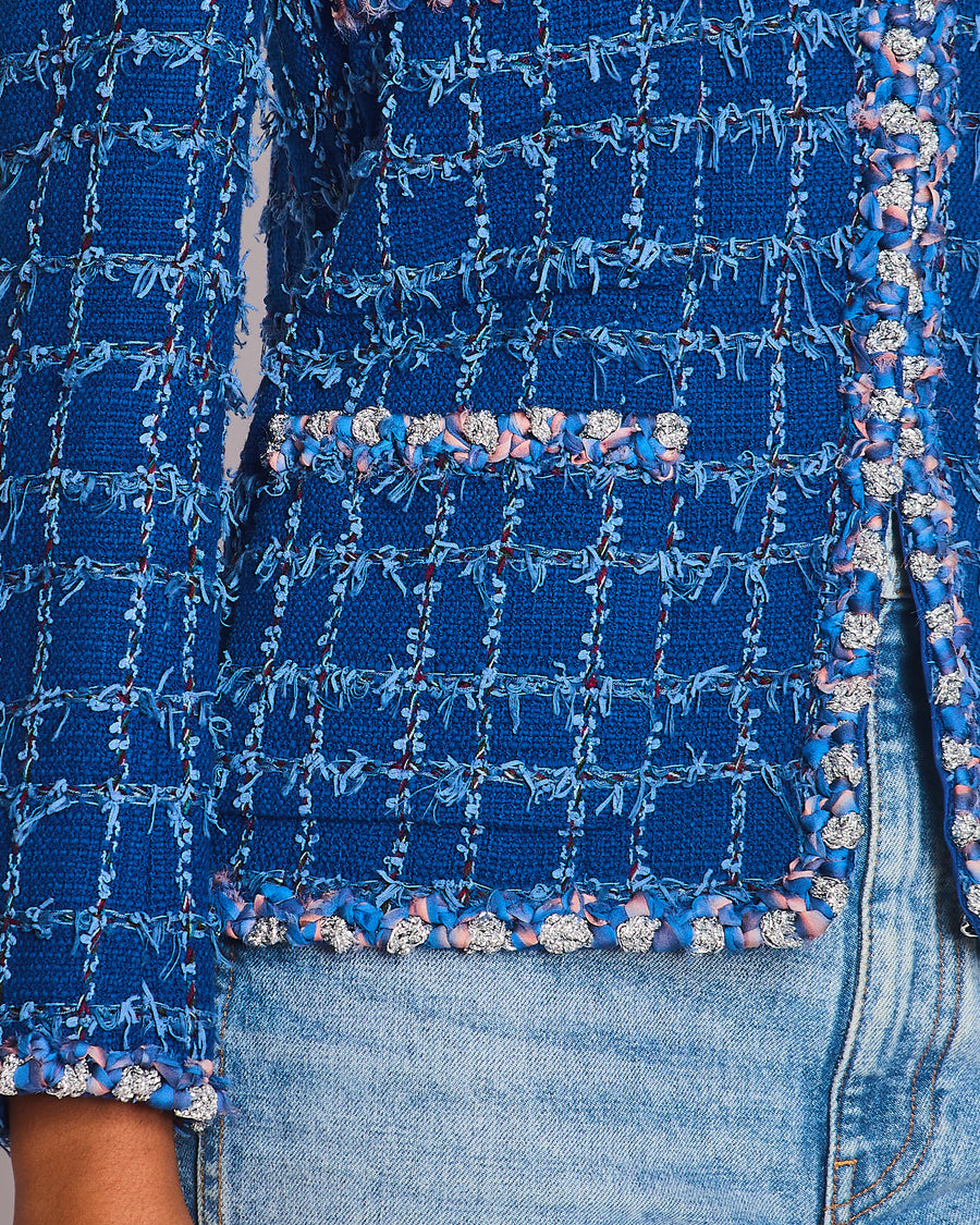 Chanel Blue Tweed Jacket with Silver Button Details Size FR 36 (UK 8)