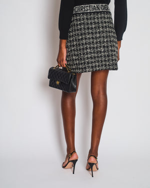 Christian Dior Black & Silver Houndstooth Skirt with Logo Detail Size FR 42 (UK 14)